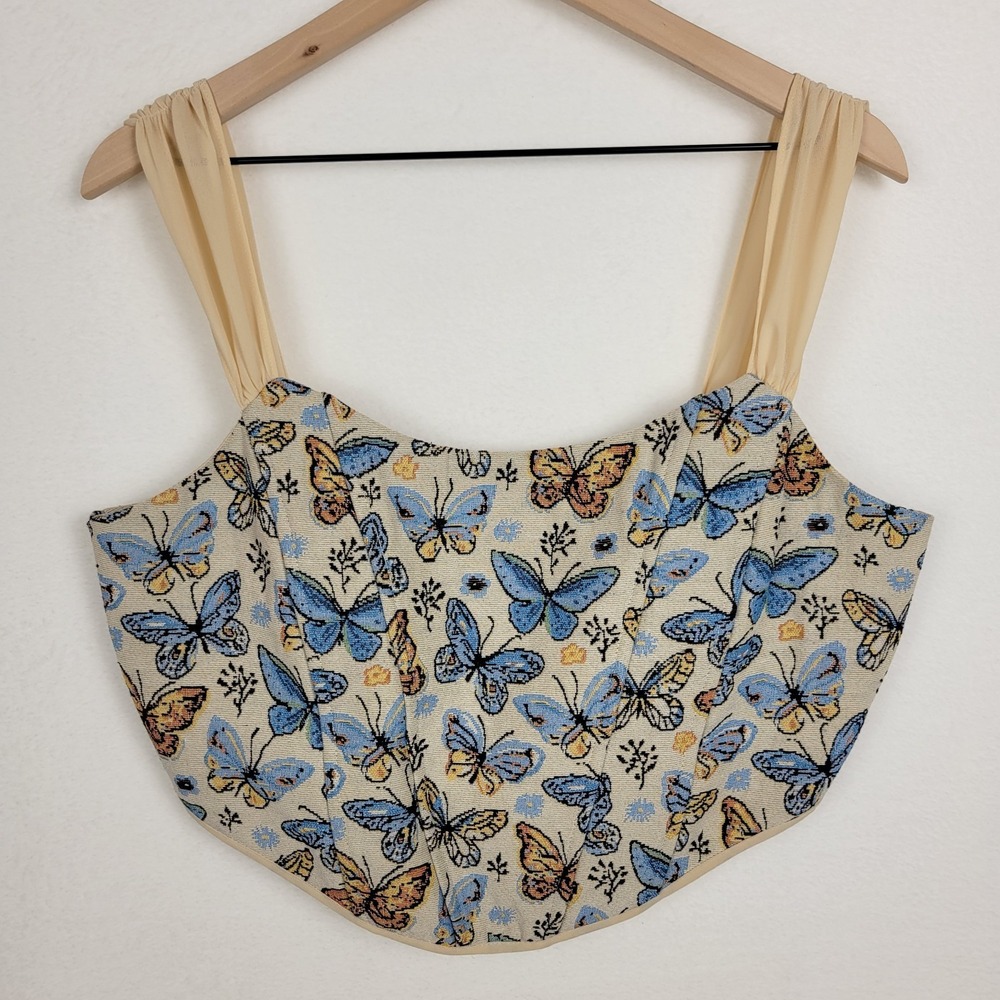 ACOA Butterfly Print Corset Crop Top Back Zipper L Cottagecore Boho Fairy